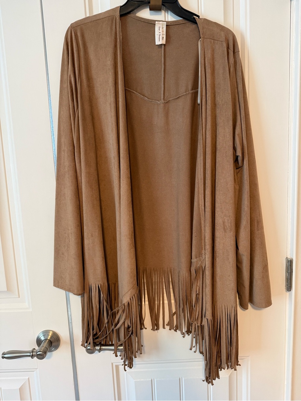 Open-Front Fringe Suede-Look Jacket in Taupe